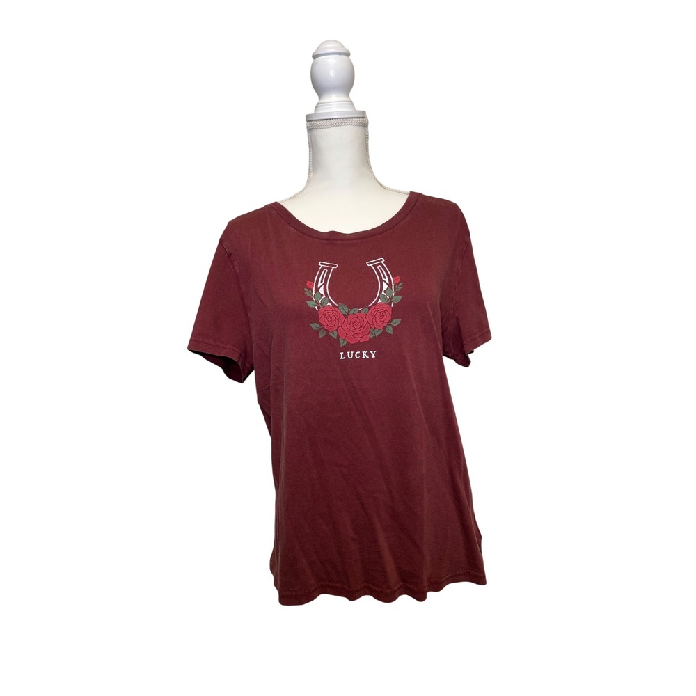 Lucky Brand Women's Maroon Horseshoe Short Sleeve Graphic T-Shirt Size Large